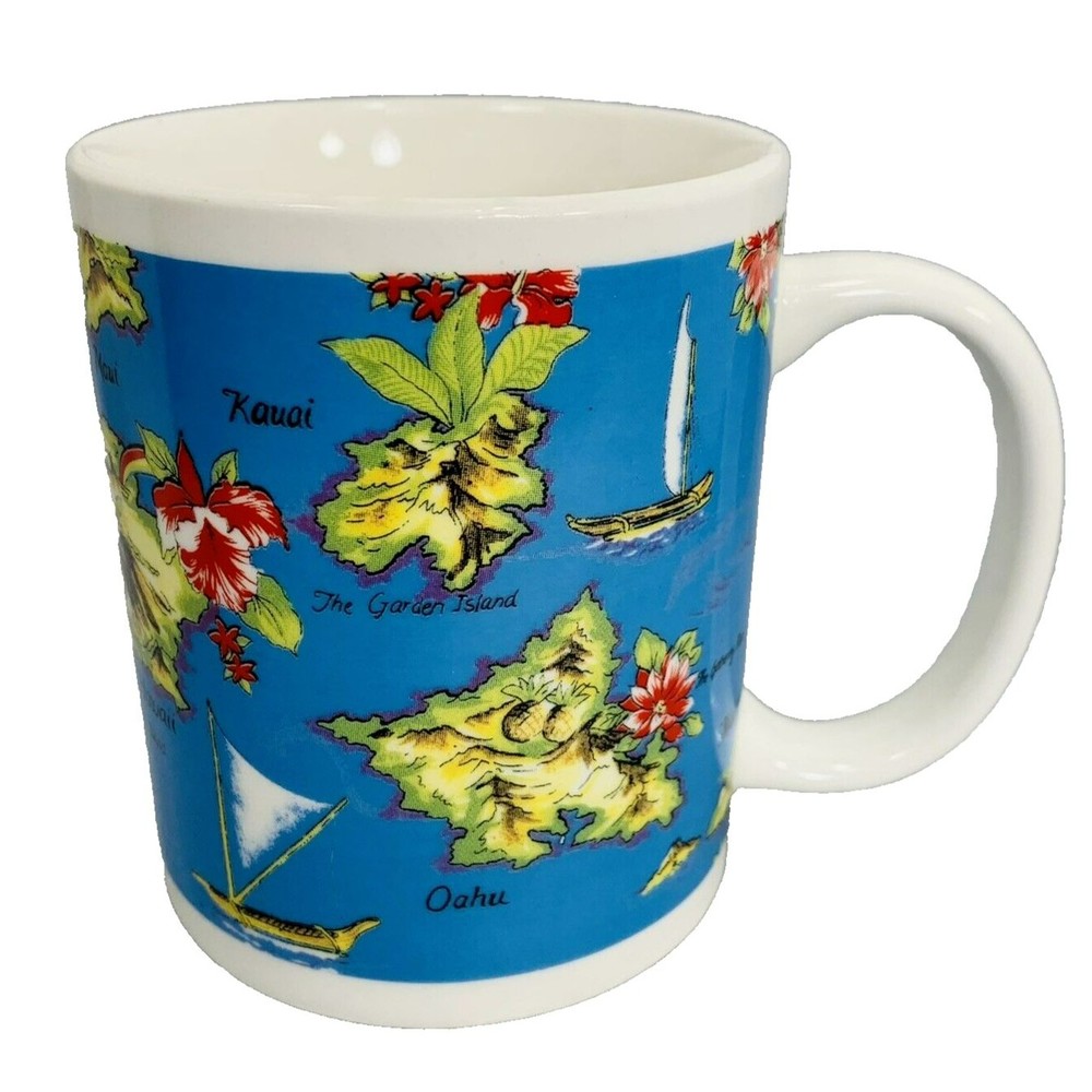 Hilo Hattie Hawaii Map Coffee Mug Island Names Wa'a kaukahi Canoe Hibiscus Vtg